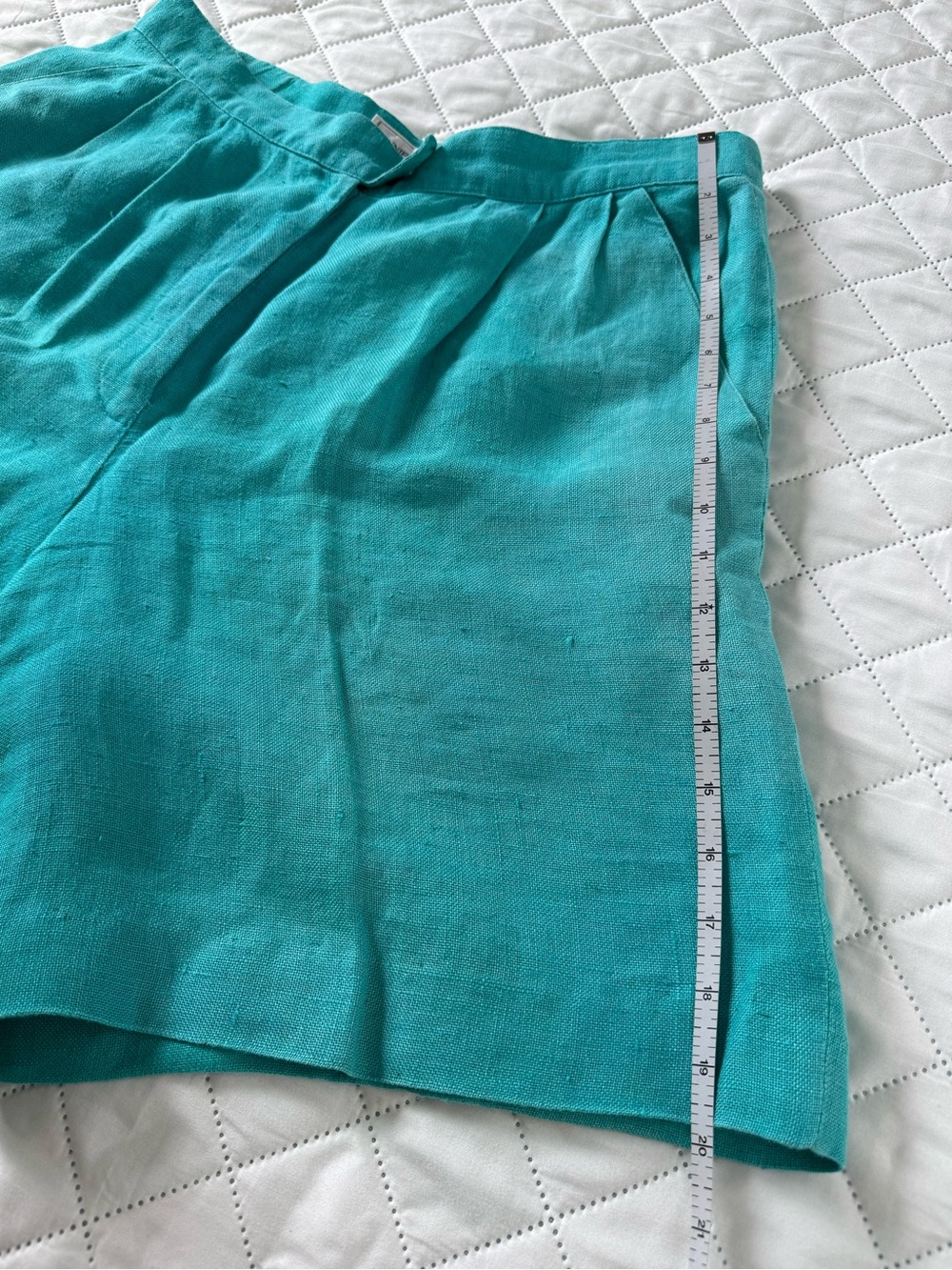 Vintage Jennifer Moore Linen Shorts Teal Green High Waist L Pleated 90s Resort - Picture 7 of 11